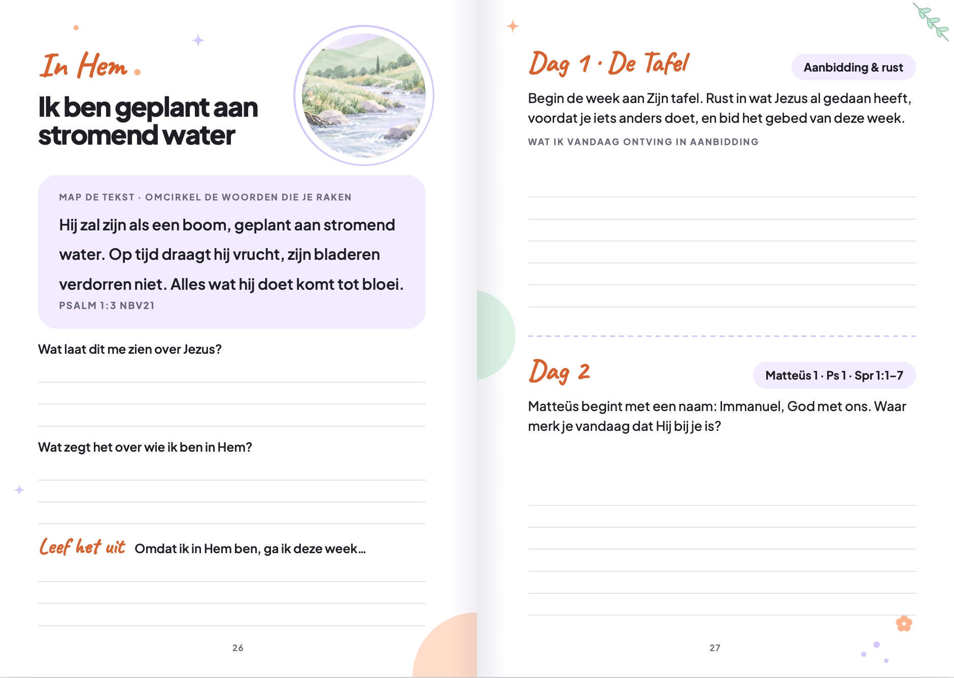 De In Hem-pagina met een vers om te verkennen en vragen, naast de schrijfpagina voor dag 1 en dag 2