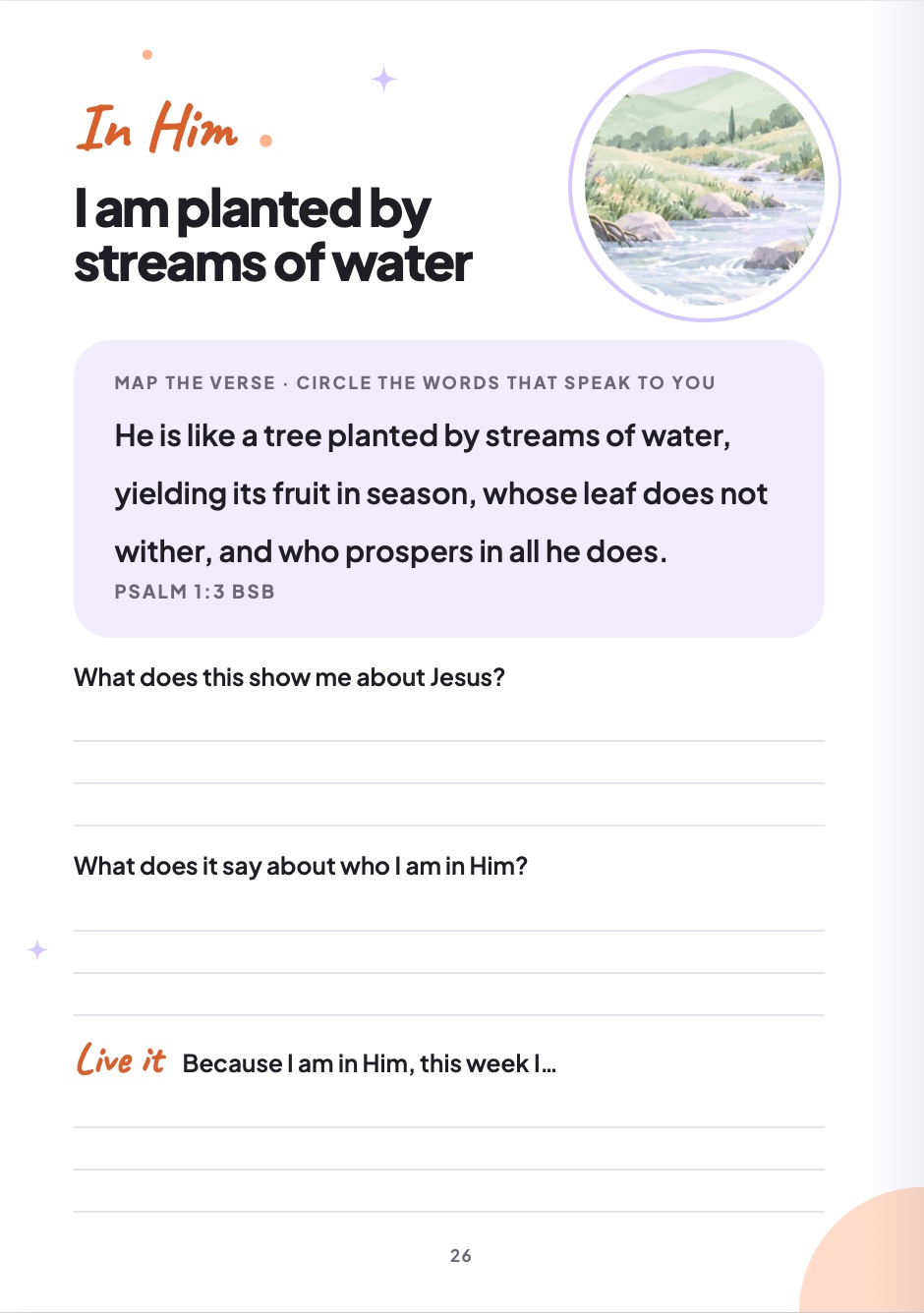 The In Him page with a verse to map and questions