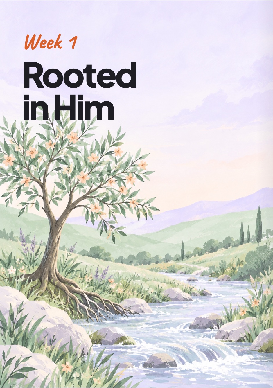 Week one opener: the tree illustration titled Rooted in Him