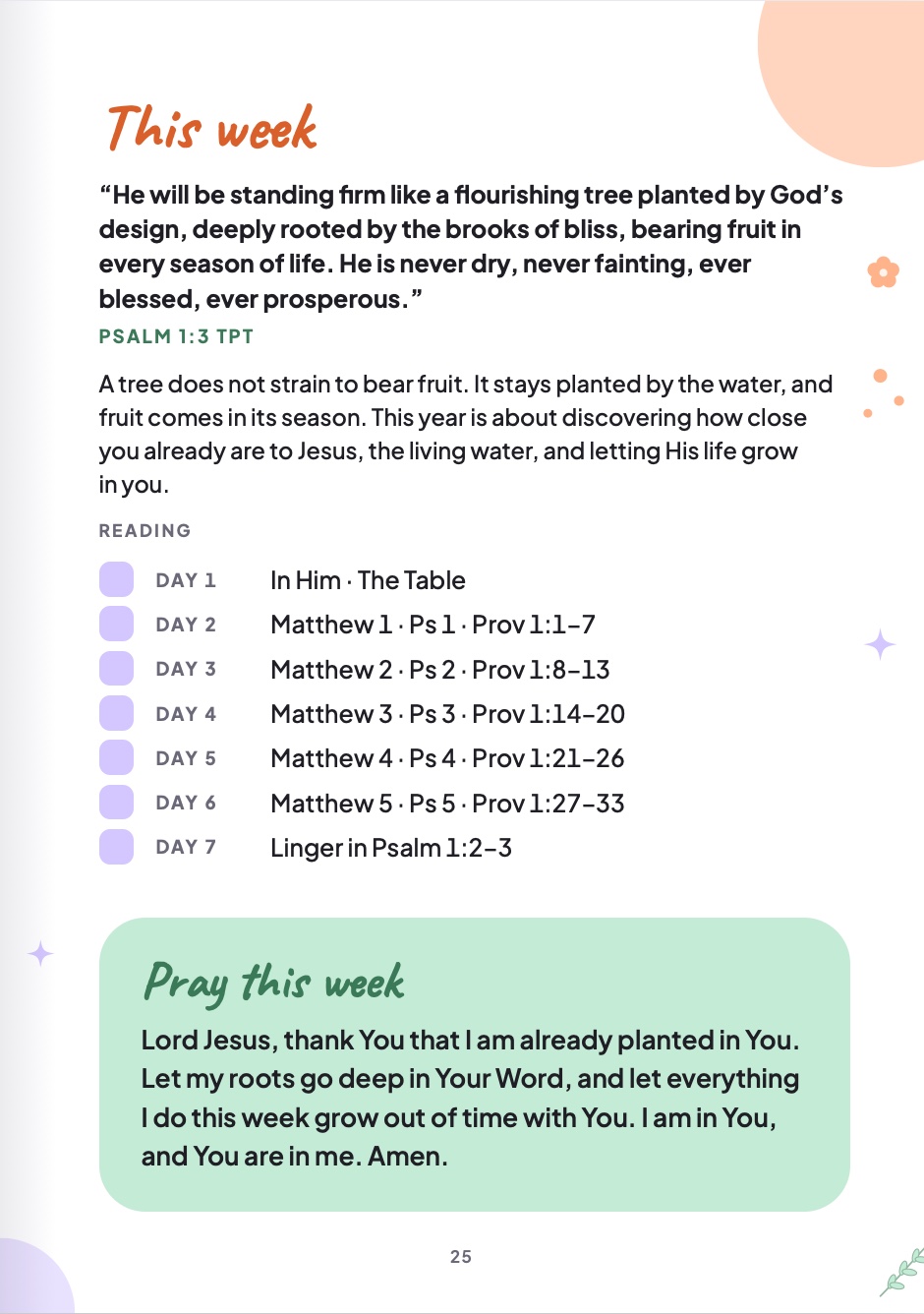 The week overview with the key verse, reading checklist and prayer
